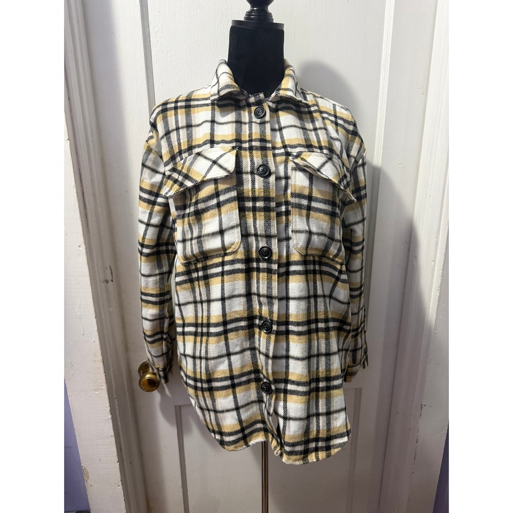 No Boundaries Yellow Plaid Flannel Button Down Shirt Shacket Medium M Polyester